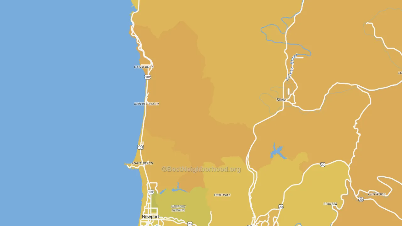 Map of the best neighborhoods in the Lincoln County area, with better matches in green and worse matches in red