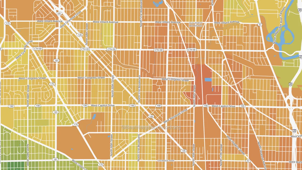 Map of the best neighborhoods in the Lincoln Creek, Milwaukee area, with better matches in green and worse matches in red