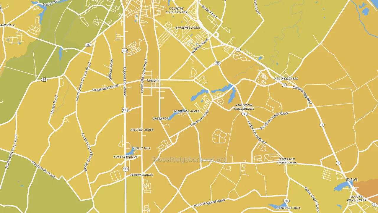 Map of the best neighborhoods in the Lincoln area, with better matches in green and worse matches in red