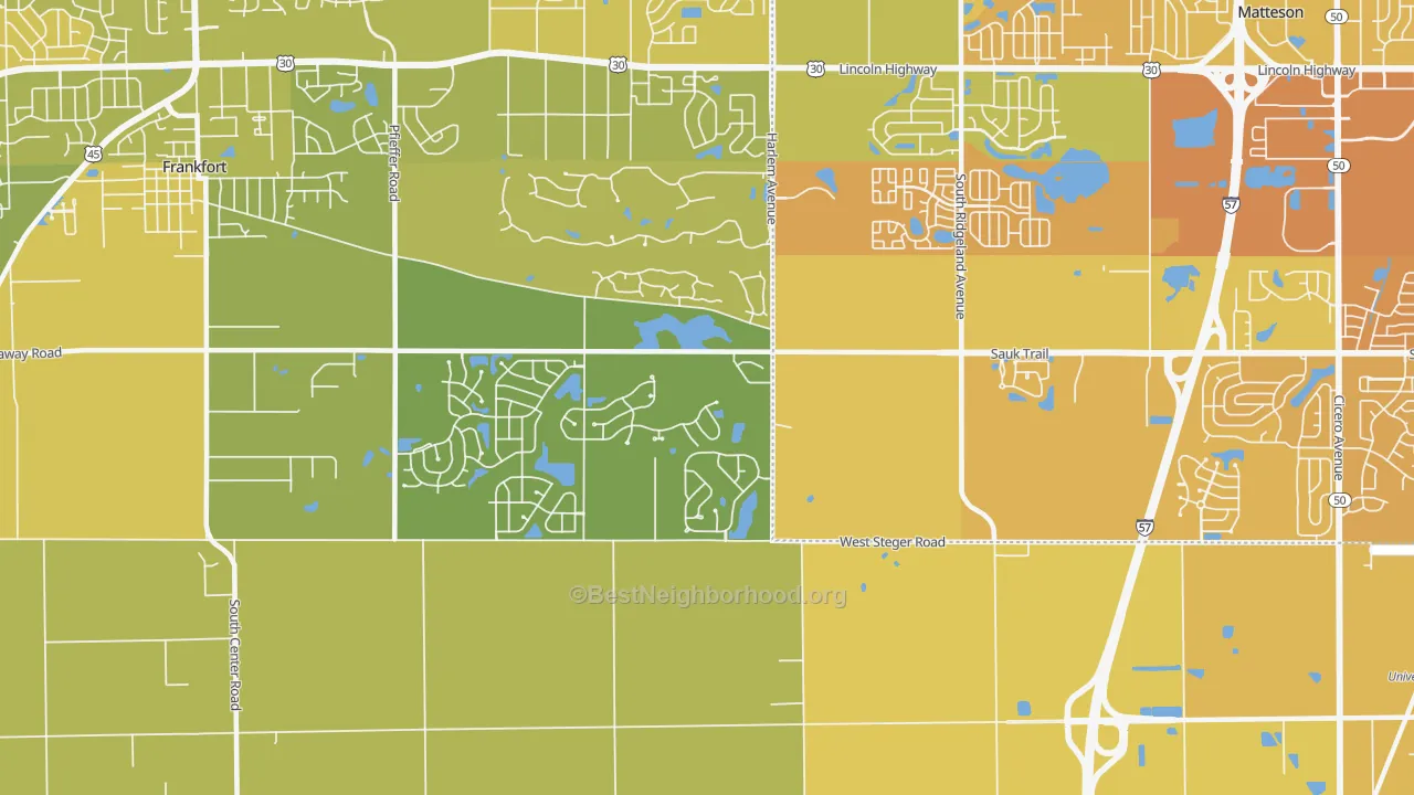 Map of the best neighborhoods in the Lincoln Estates area, with better matches in green and worse matches in red