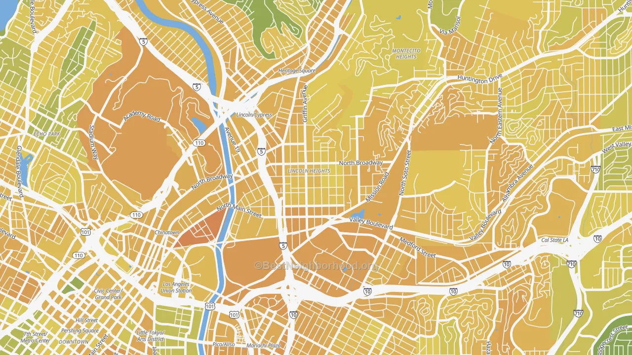 Map of the best neighborhoods in the Lincoln Heights, Los Angeles area, with better matches in green and worse matches in red