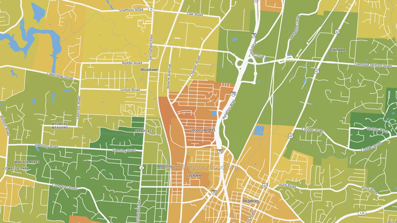 Map of the best neighborhoods in the Lincoln Heights area, with better matches in green and worse matches in red