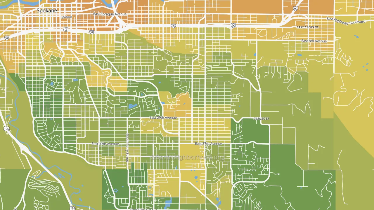 Map of the best neighborhoods in the Lincoln Heights, Spokane area, with better matches in green and worse matches in red
