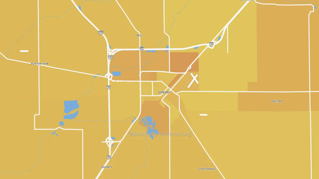 Map of the best neighborhoods in the Lincoln area, with better matches in green and worse matches in red
