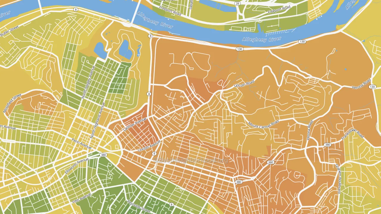 Map of the best neighborhoods in the Lincoln-Lemington-Belmar, Pittsburgh area, with better matches in green and worse matches in red