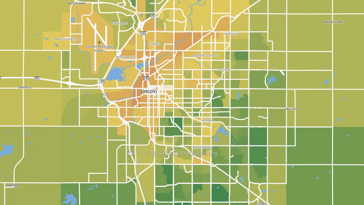 Map of the best neighborhoods in the Lincoln Metro area, with better matches in green and worse matches in red