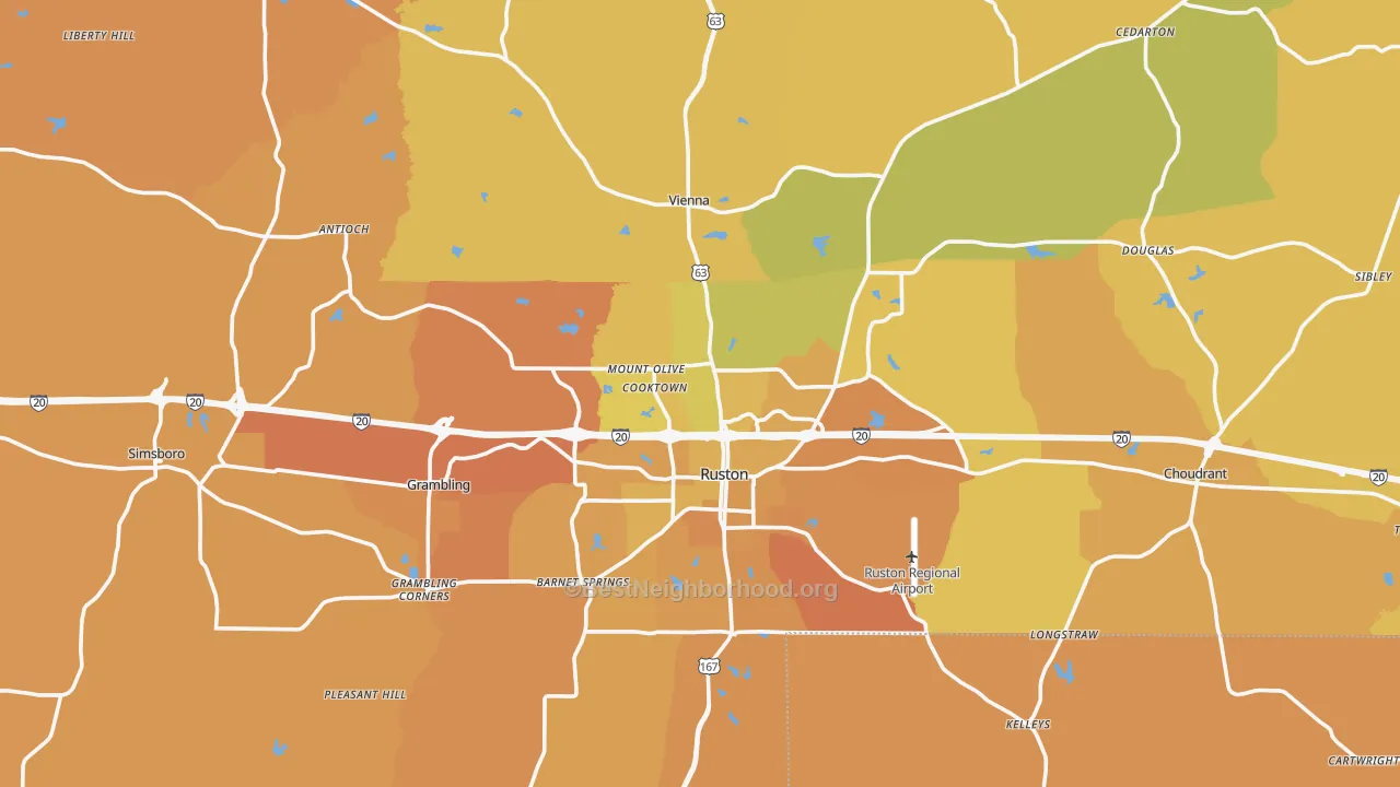 Map of the best neighborhoods in the Lincoln Parish area, with better matches in green and worse matches in red