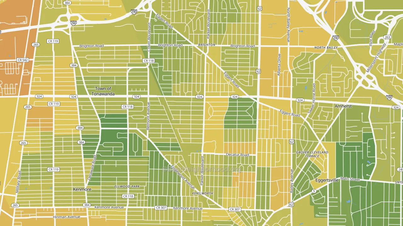 Map of the best neighborhoods in the Lincoln Park-Buffalo, Tonawanda area, with better matches in green and worse matches in red