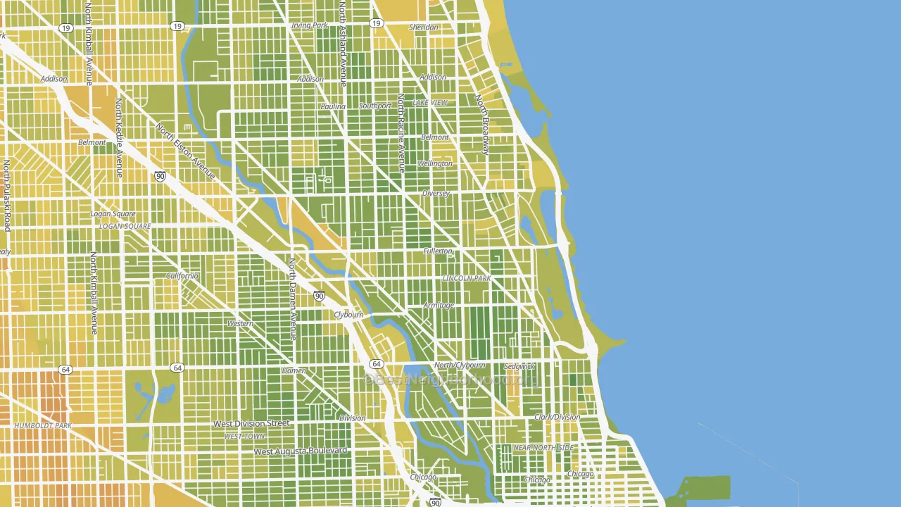 Map of the best neighborhoods in the Lincoln Park, Chicago area, with better matches in green and worse matches in red