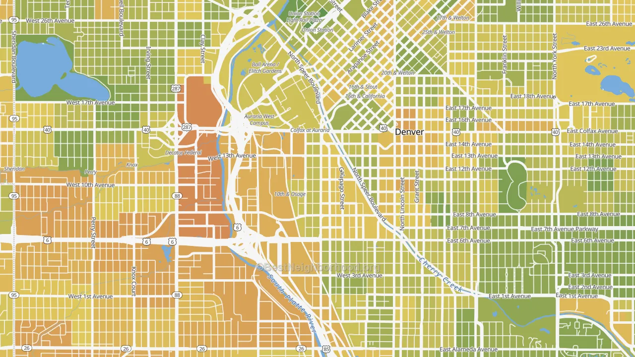 Map of the best neighborhoods in the Lincoln Park, Denver area, with better matches in green and worse matches in red
