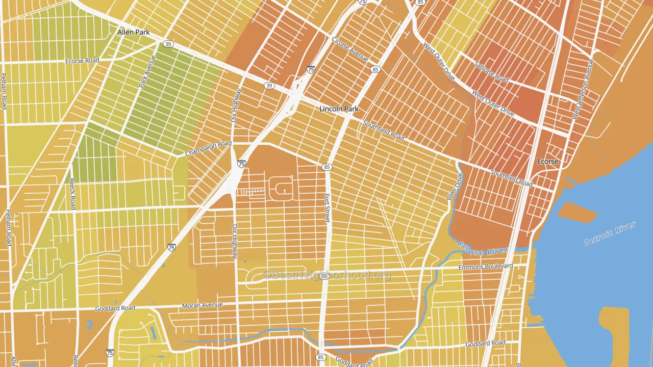 Map of the best neighborhoods in the Lincoln Park area, with better matches in green and worse matches in red
