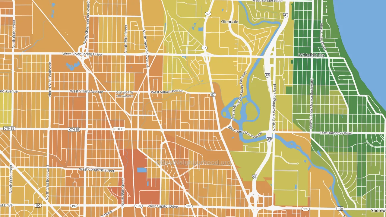 Map of the best neighborhoods in the Lincoln Park, Milwaukee area, with better matches in green and worse matches in red