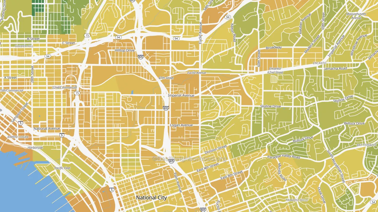 Map of the best neighborhoods in the Lincoln Park, San Diego area, with better matches in green and worse matches in red