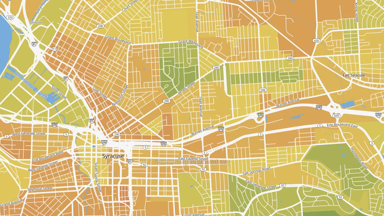 Map of the best neighborhoods in the Lincoln Park-Syracuse, Syracuse area, with better matches in green and worse matches in red