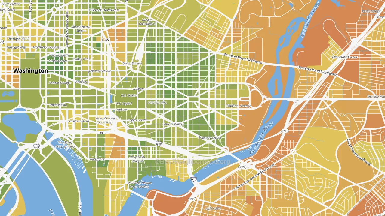 Map of the best neighborhoods in the Lincoln Park, Washington area, with better matches in green and worse matches in red