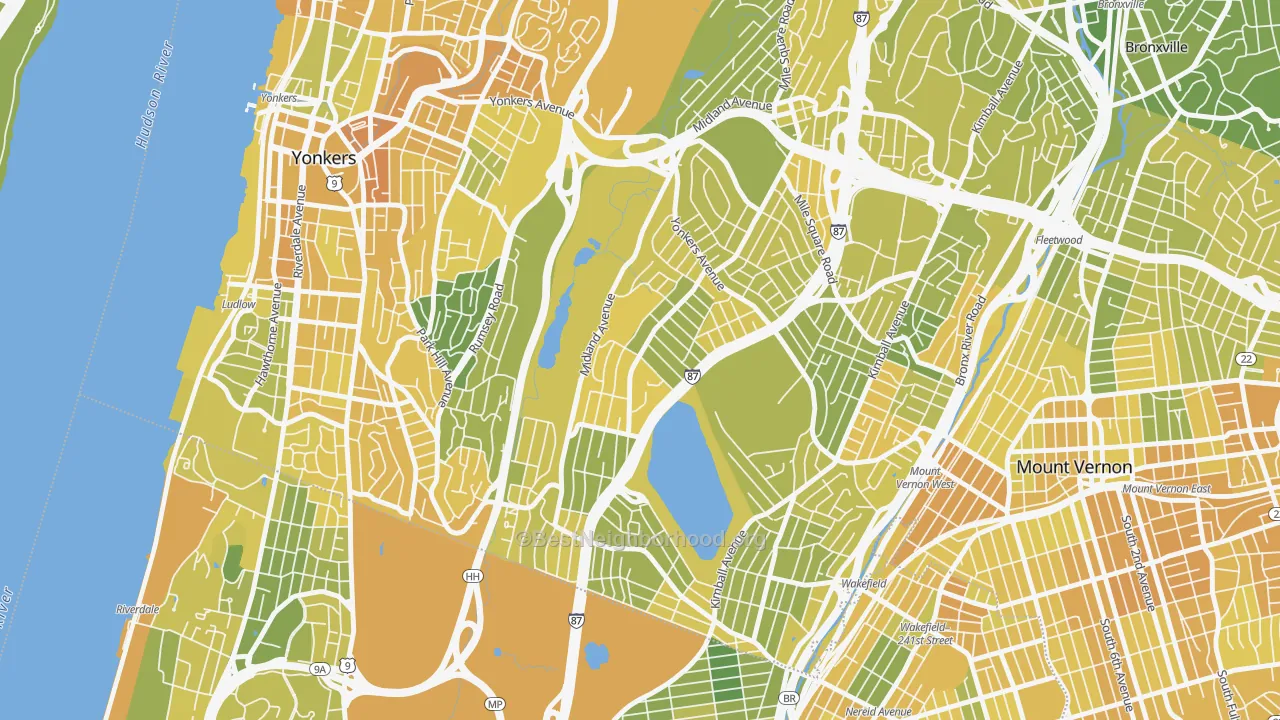 Map of the best neighborhoods in the Lincoln Park, Yonkers area, with better matches in green and worse matches in red