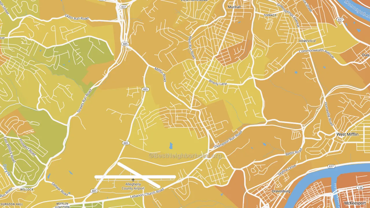 Map of the best neighborhoods in the Lincoln Place, Pittsburgh area, with better matches in green and worse matches in red