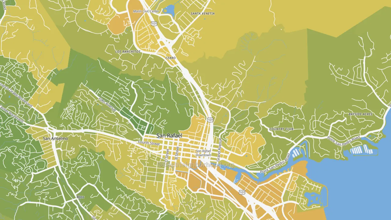 Map of the best neighborhoods in the Lincoln, San Rafael area, with better matches in green and worse matches in red