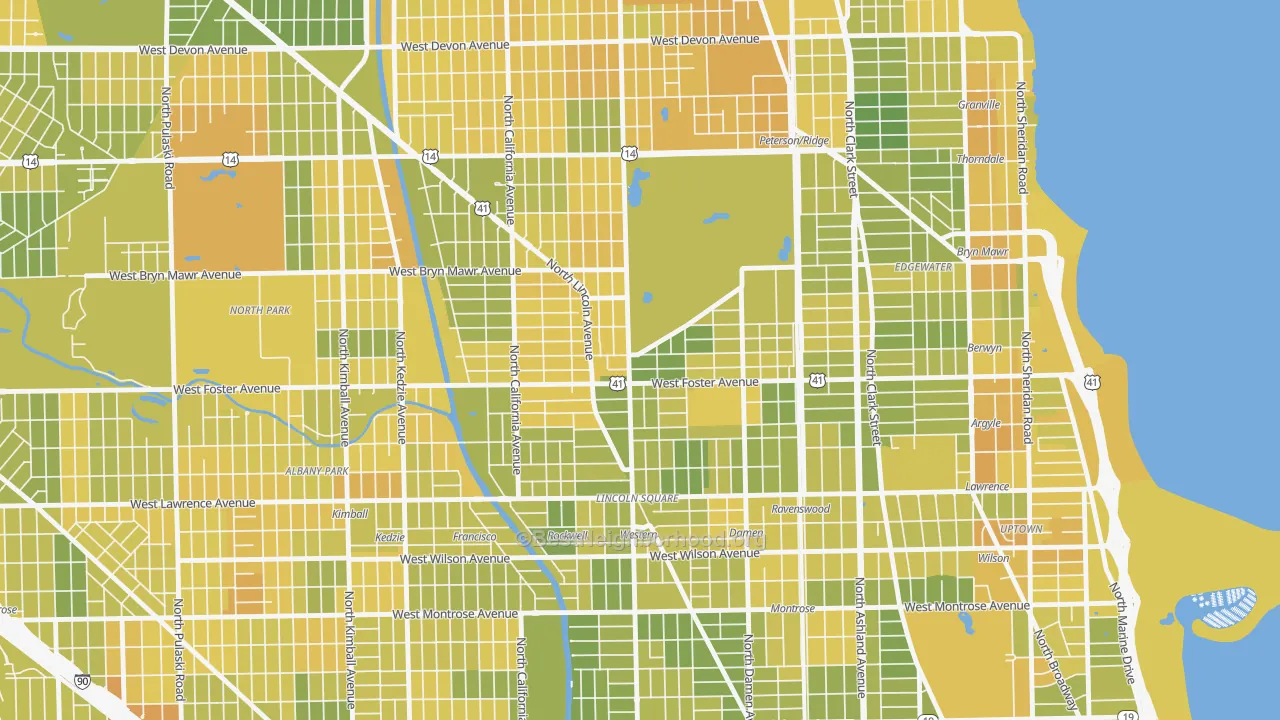 Map of the best neighborhoods in the Lincoln Square, Chicago area, with better matches in green and worse matches in red