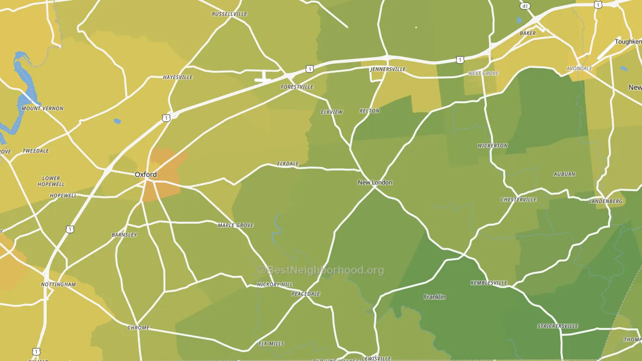 Map of the best neighborhoods in the Lincoln University area, with better matches in green and worse matches in red