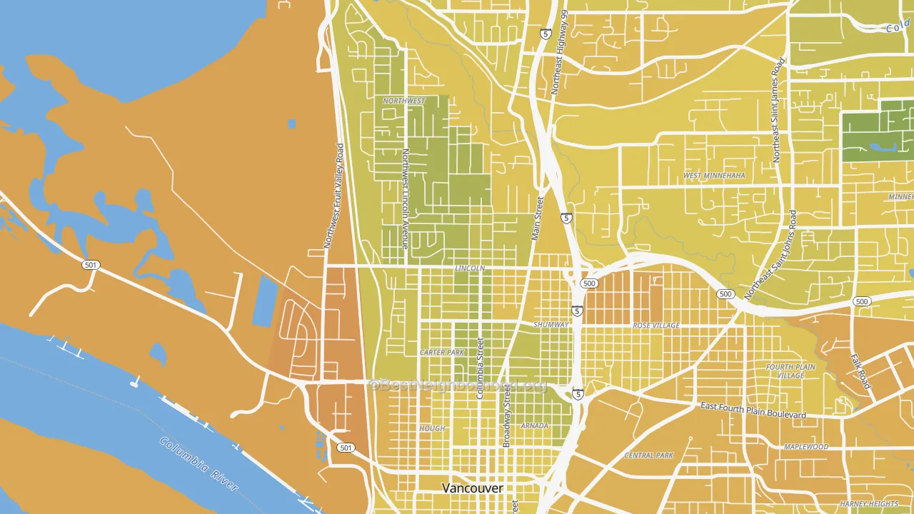Map of the best neighborhoods in the Lincoln, Vancouver area, with better matches in green and worse matches in red