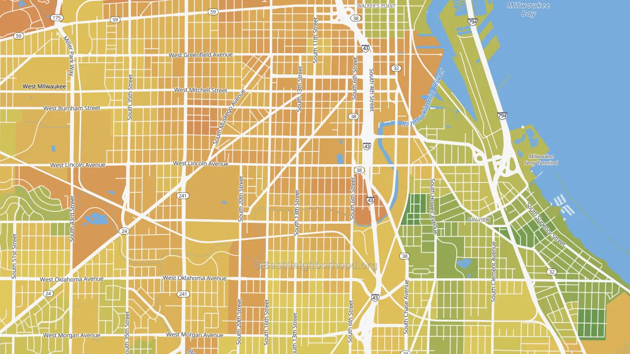 Map of the best neighborhoods in the Lincoln Village, Milwaukee area, with better matches in green and worse matches in red
