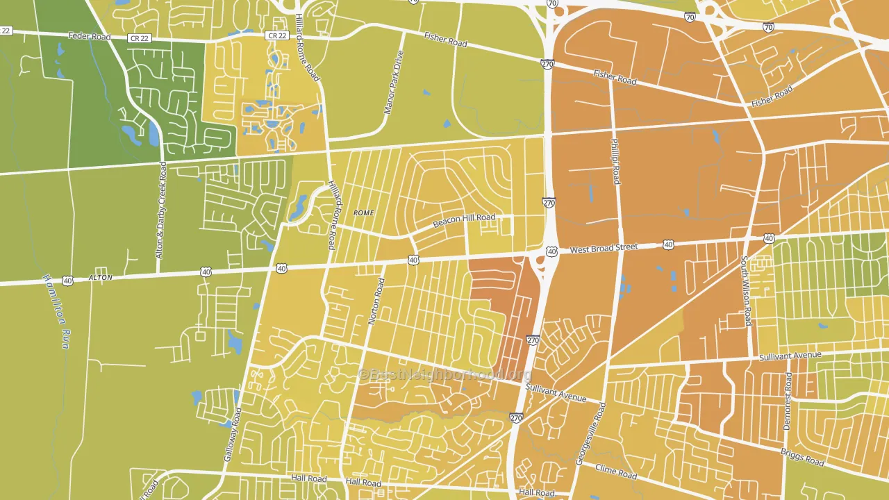 Map of the best neighborhoods in the Lincoln Village area, with better matches in green and worse matches in red