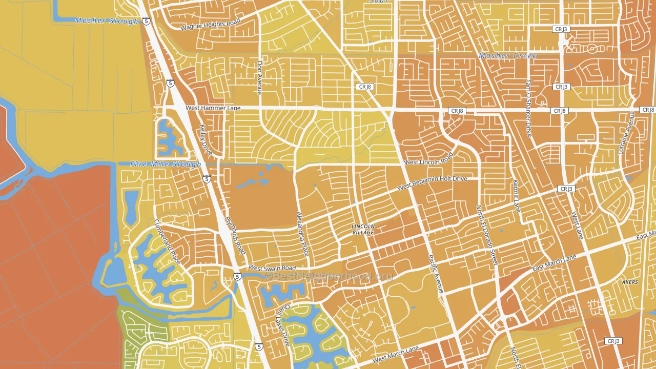 Map of the best neighborhoods in the Lincoln Village Proper, Stockton area, with better matches in green and worse matches in red