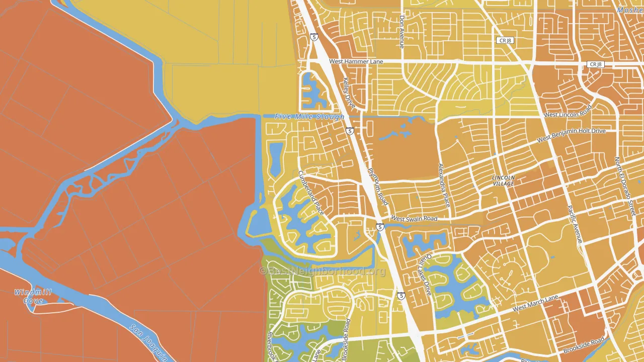 Map of the best neighborhoods in the Lincoln Village West, Stockton area, with better matches in green and worse matches in red