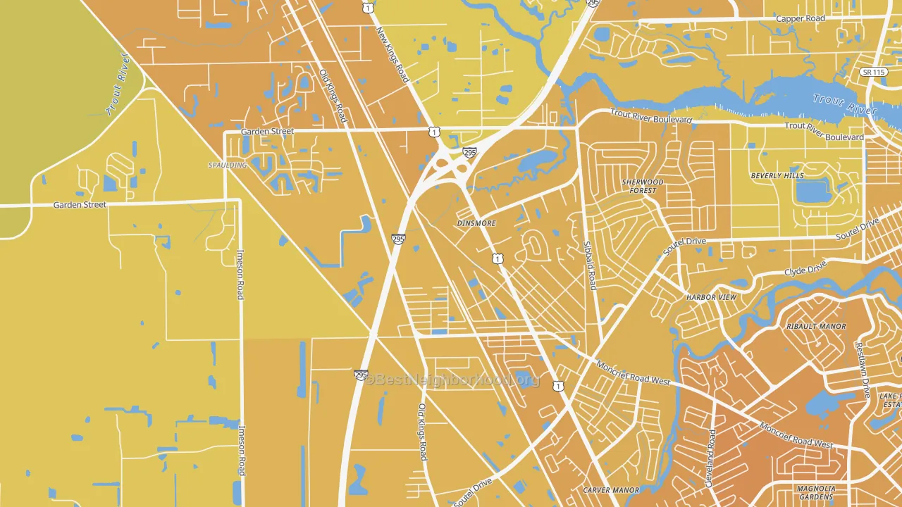 Map of the best neighborhoods in the Lincoln Villas, Jacksonville area, with better matches in green and worse matches in red