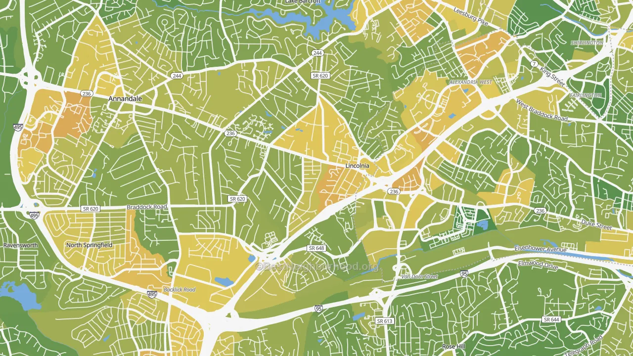 Map of the best neighborhoods in the Lincolnia area, with better matches in green and worse matches in red