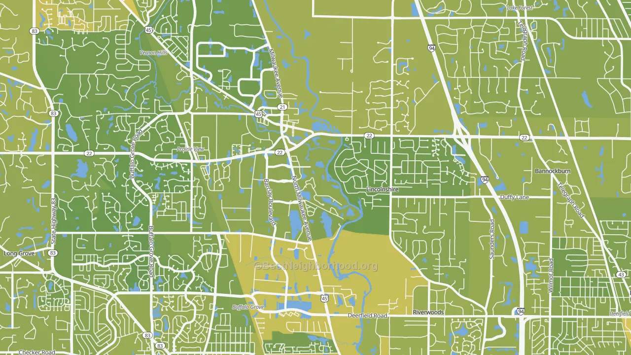 Map of the best neighborhoods in the Lincolnshire area, with better matches in green and worse matches in red