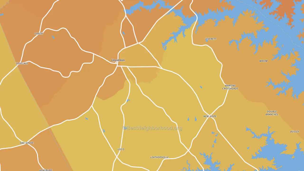Map of the best neighborhoods in the Lincolnton area, with better matches in green and worse matches in red