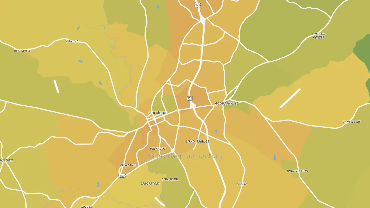 Map of the best neighborhoods in the Lincolnton area, with better matches in green and worse matches in red