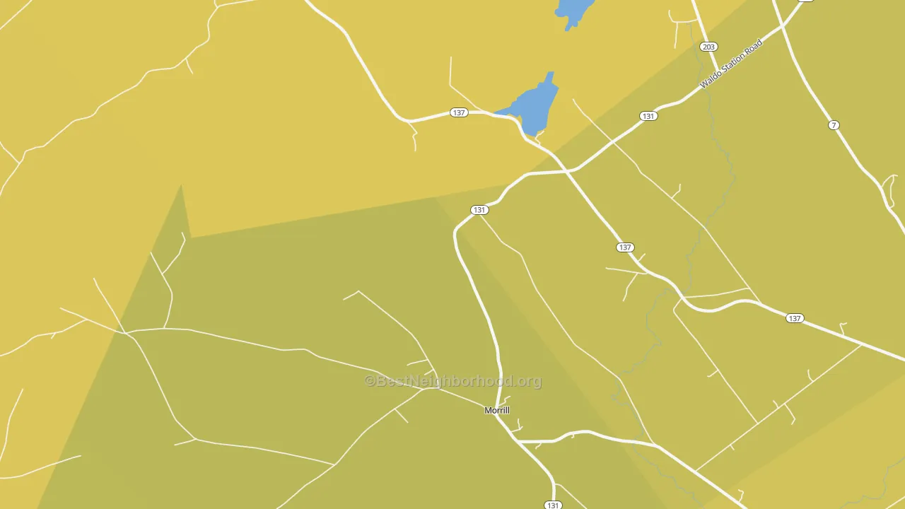 Map of the best neighborhoods in the Lincolnville Center area, with better matches in green and worse matches in red