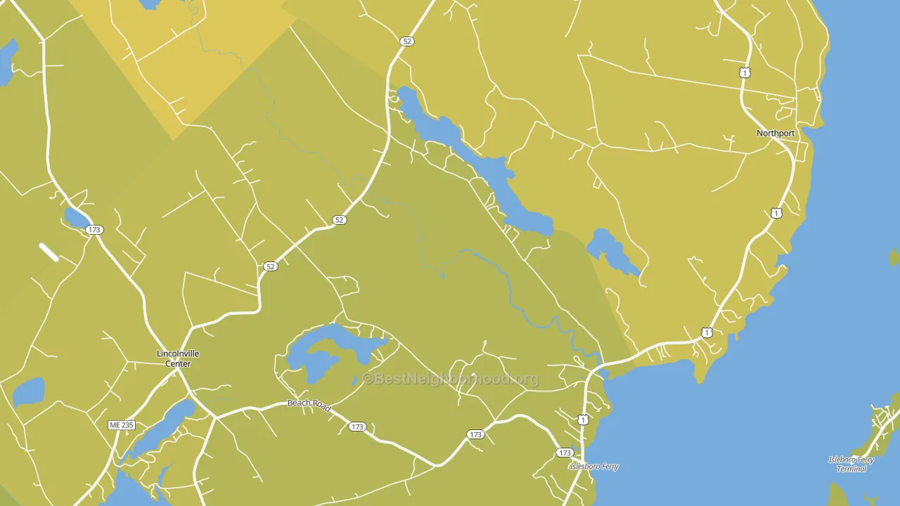 Map of the best neighborhoods in the Lincolnville area, with better matches in green and worse matches in red