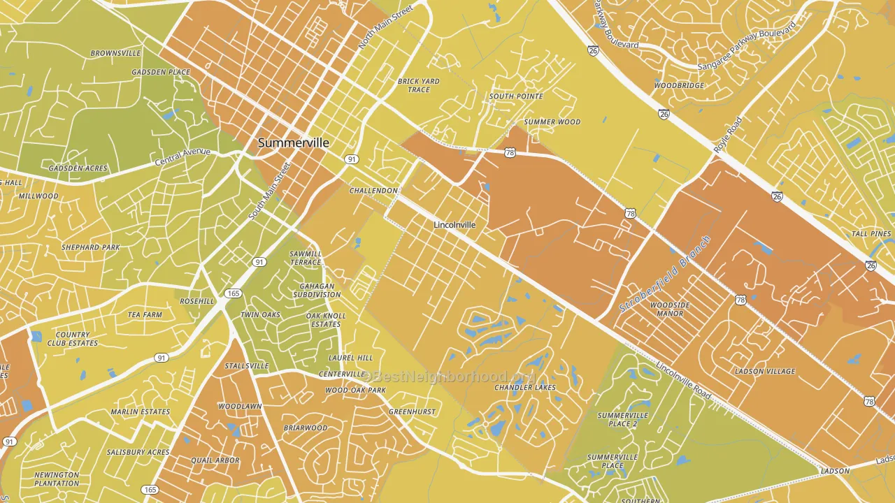Map of the best neighborhoods in the Lincolnville area, with better matches in green and worse matches in red
