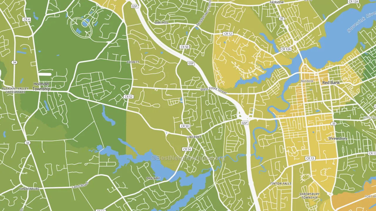 Map of the best neighborhoods in the Lincroft area, with better matches in green and worse matches in red