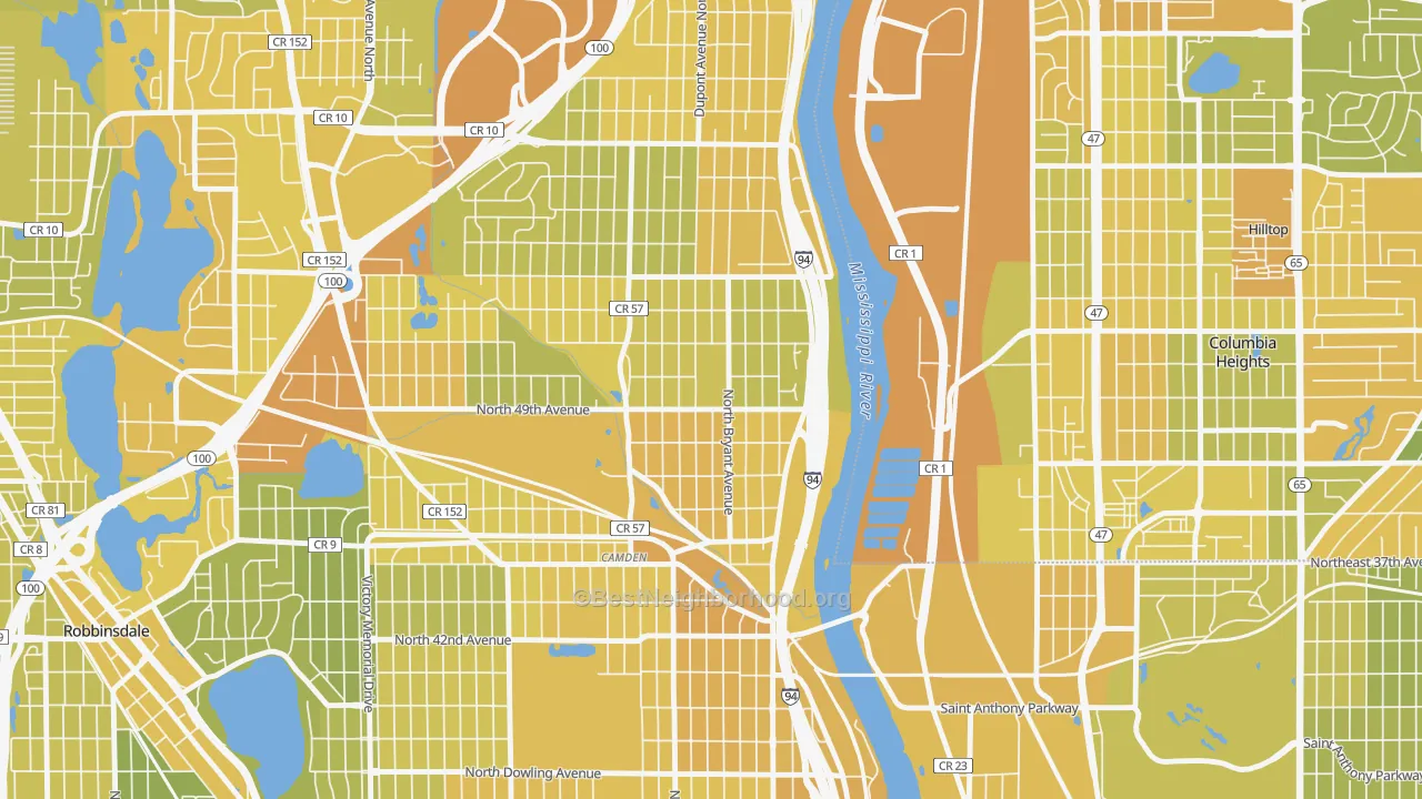 Map of the best neighborhoods in the Lind-Bohanon, Minneapolis area, with better matches in green and worse matches in red