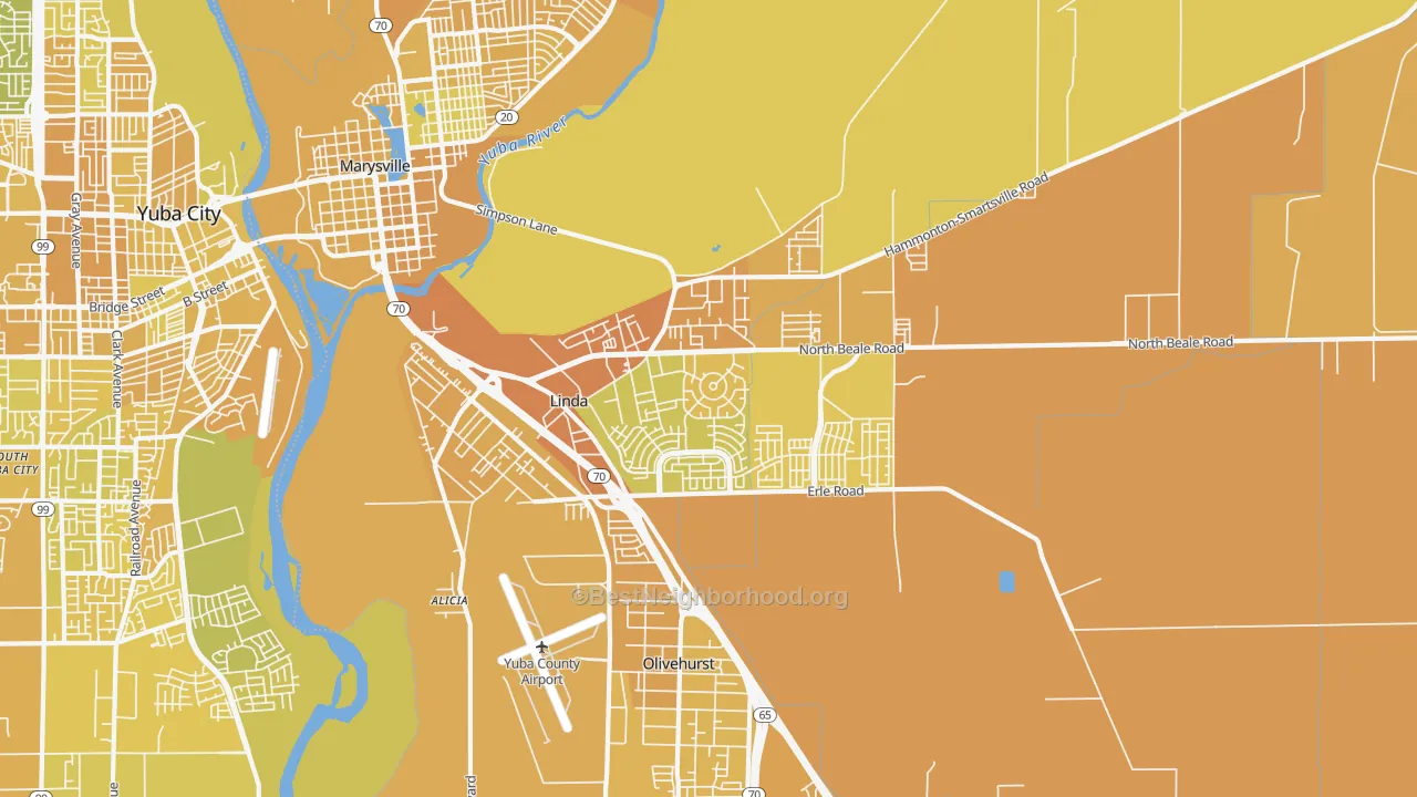 Map of the best neighborhoods in the Linda area, with better matches in green and worse matches in red
