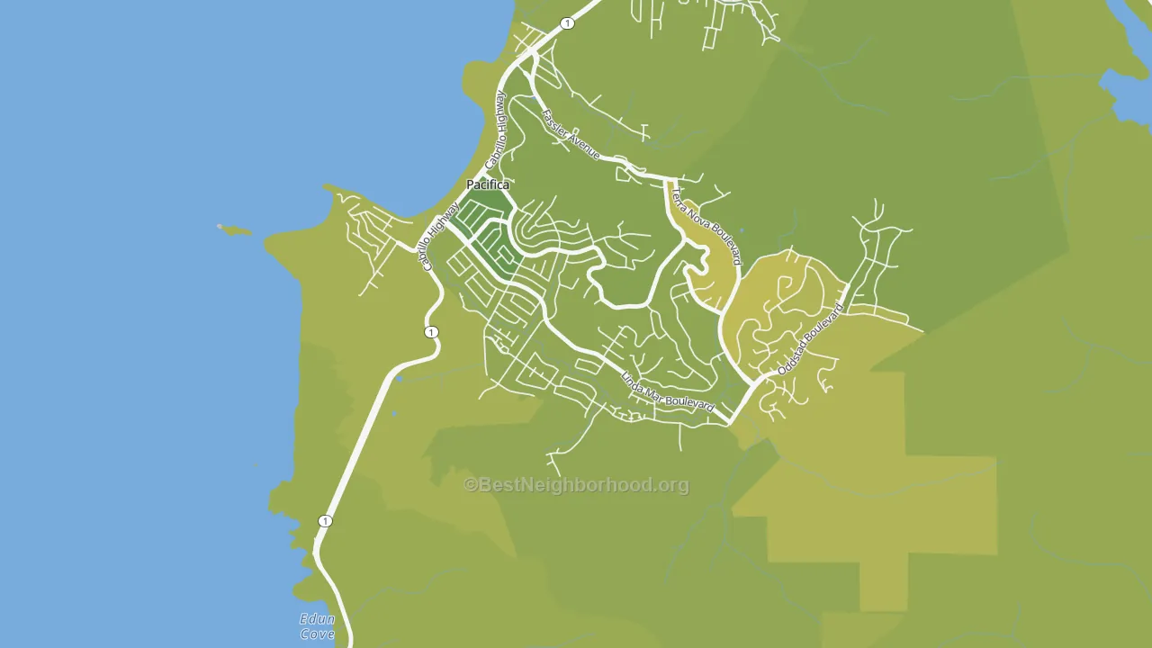 Map of the best neighborhoods in the Linda Mar, Pacifica area, with better matches in green and worse matches in red