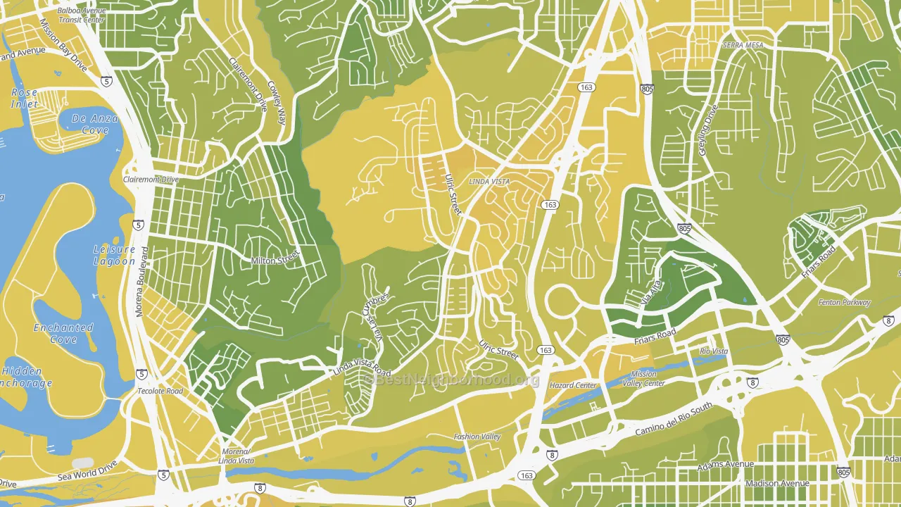 Map of the best neighborhoods in the Linda Vista, San Diego area, with better matches in green and worse matches in red