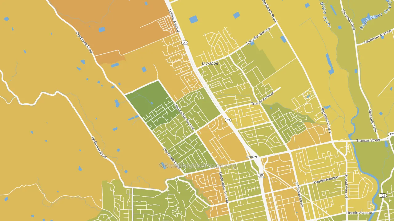 Map of the best neighborhoods in the Linda Vista-San Francisco, Napa area, with better matches in green and worse matches in red