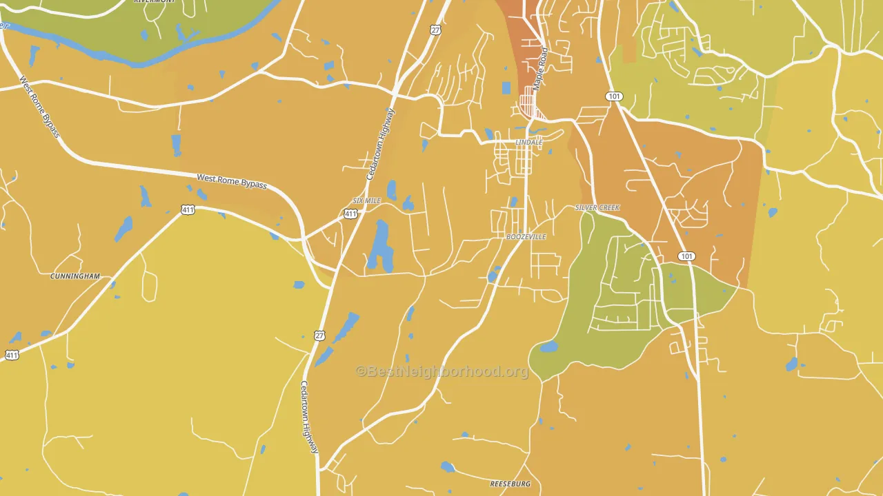 Map of the best neighborhoods in the Lindale area, with better matches in green and worse matches in red