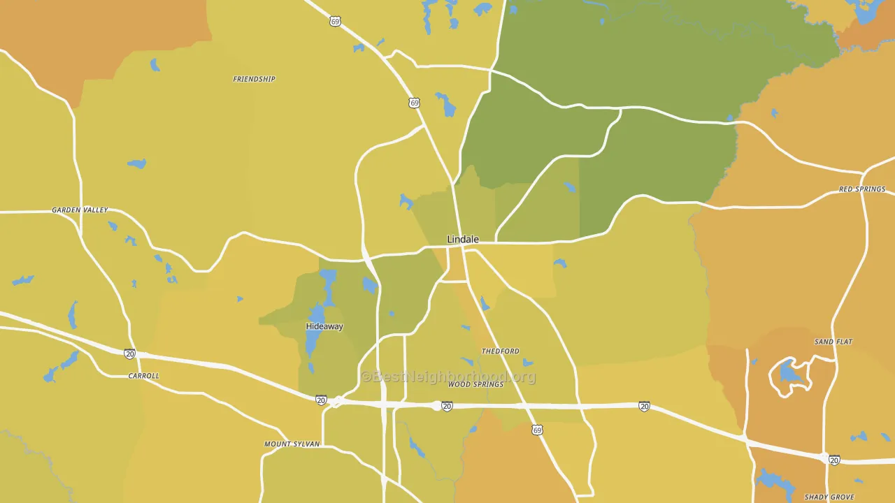 Map of the best neighborhoods in the Lindale area, with better matches in green and worse matches in red