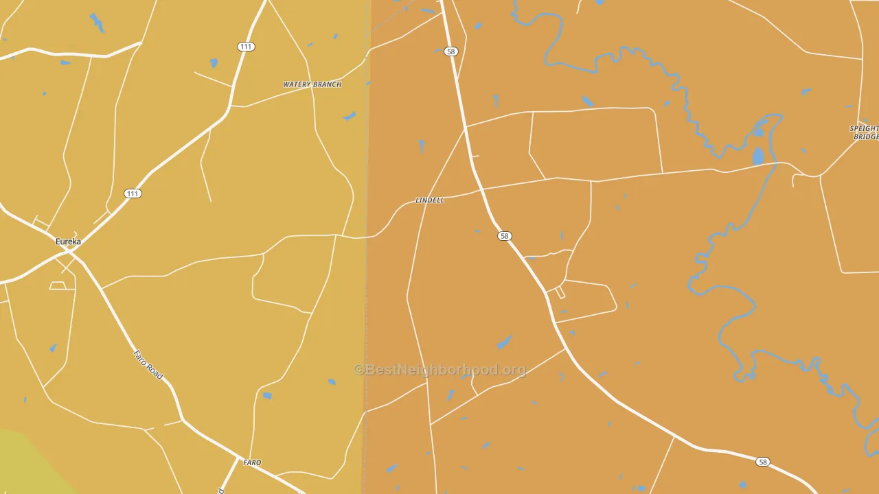 Map of the best neighborhoods in the Lindell area, with better matches in green and worse matches in red