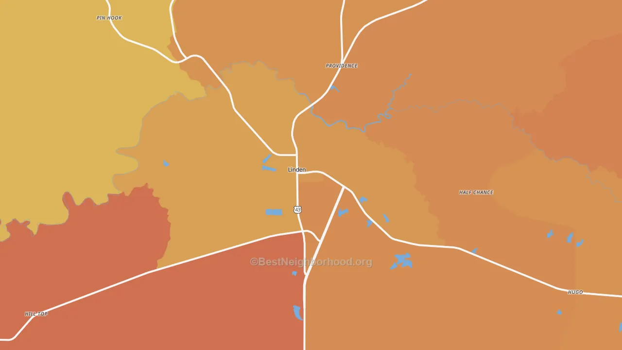 Map of the best neighborhoods in the Linden area, with better matches in green and worse matches in red