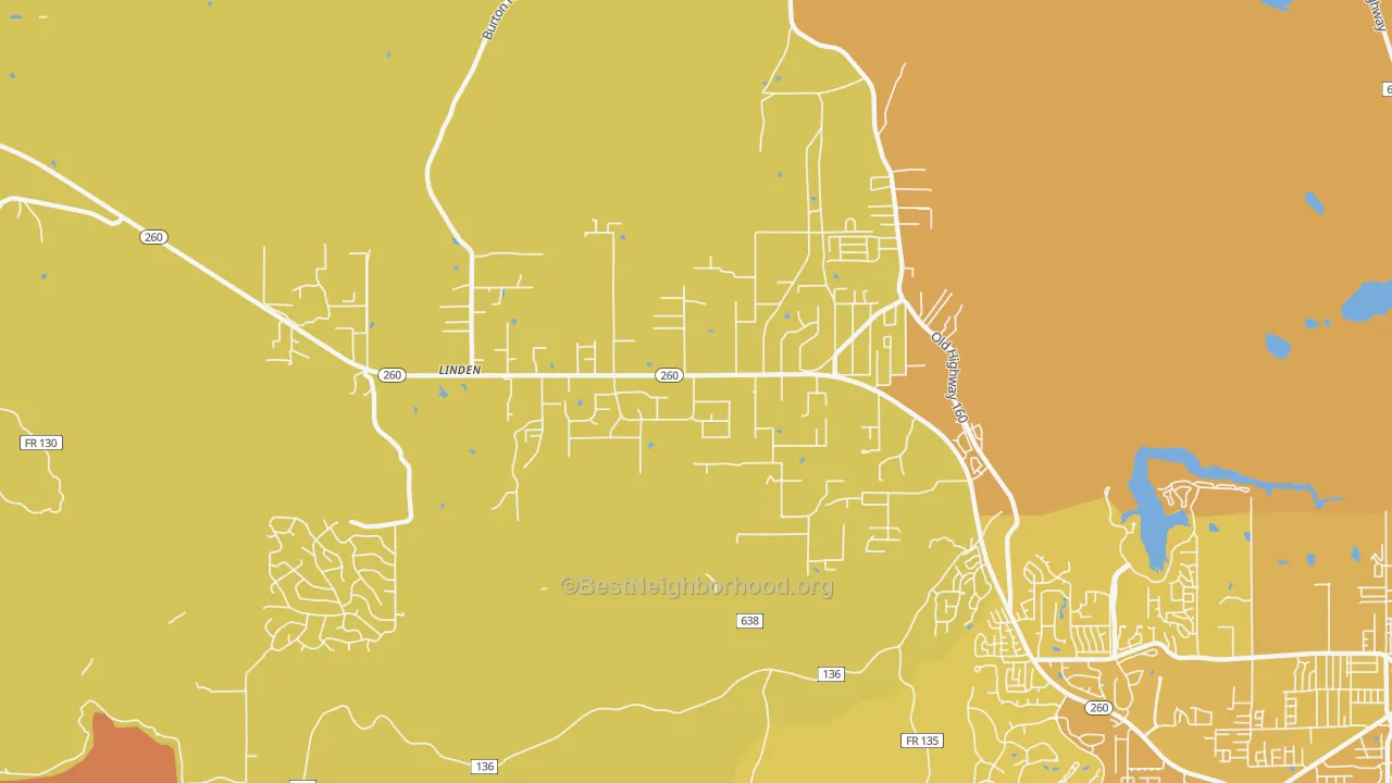 Map of the best neighborhoods in the Linden area, with better matches in green and worse matches in red