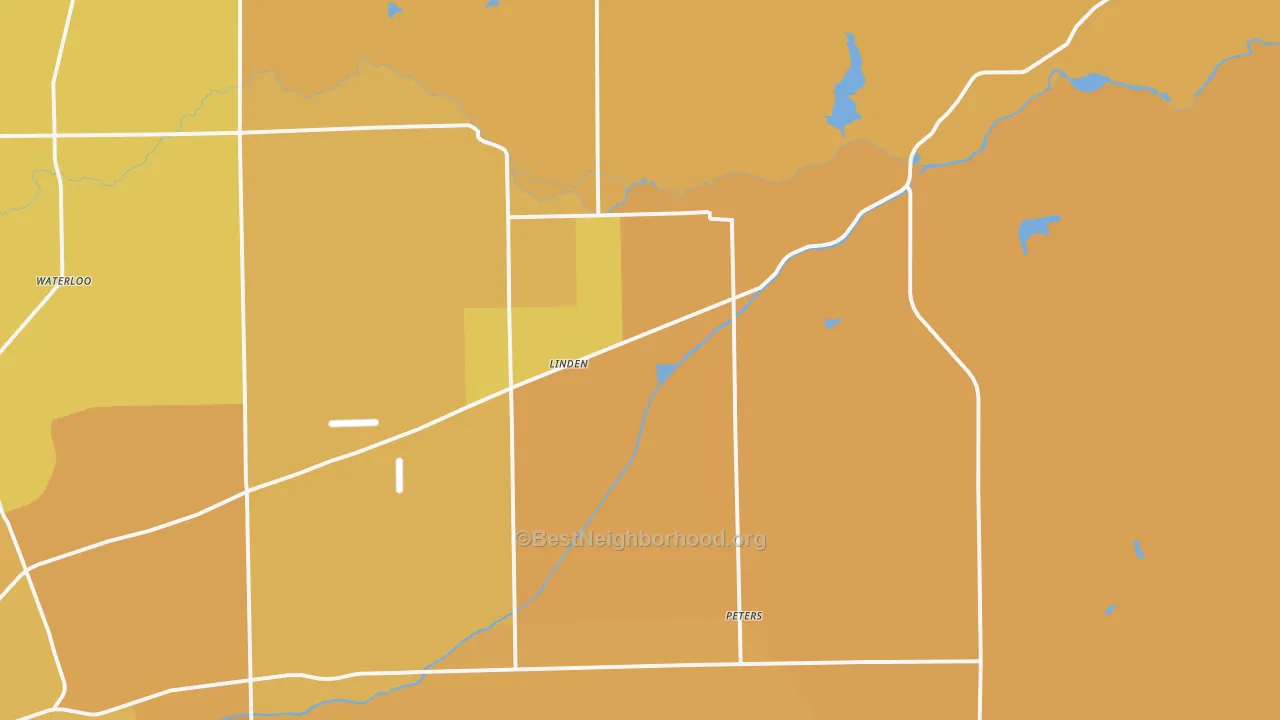 Map of the best neighborhoods in the Linden area, with better matches in green and worse matches in red