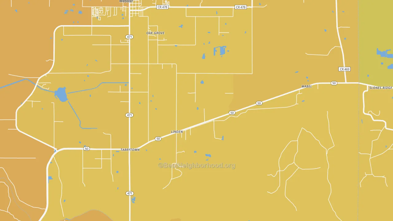 Map of the best neighborhoods in the Linden area, with better matches in green and worse matches in red